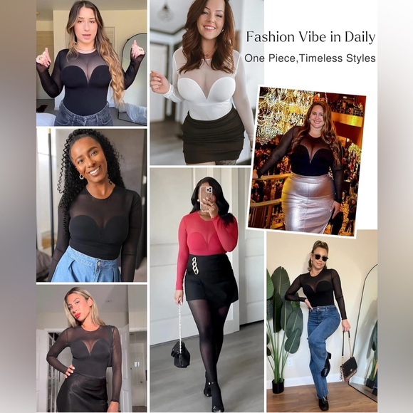 NWT Popilush Sheer Mesh Shapewear Long Sleeve Thong Bodysuit - Picture 2 of 8